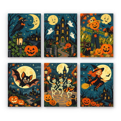Coffret 6 peintures par numéro Bal de la Lune Souriante, manoir hanté, épouvantail, squelettes dansants et chauve-souris, Maison Artsen