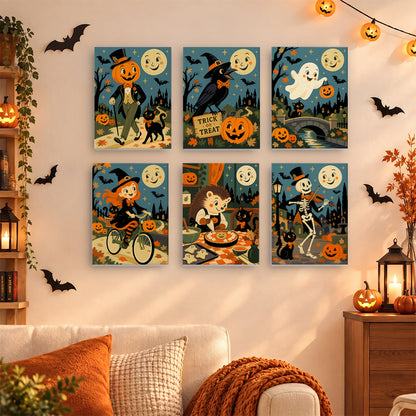 Coffret 6 mini-toiles Balade de la Lune Souriante accrochées dans un salon décoré pour Halloween, Maison Artsen