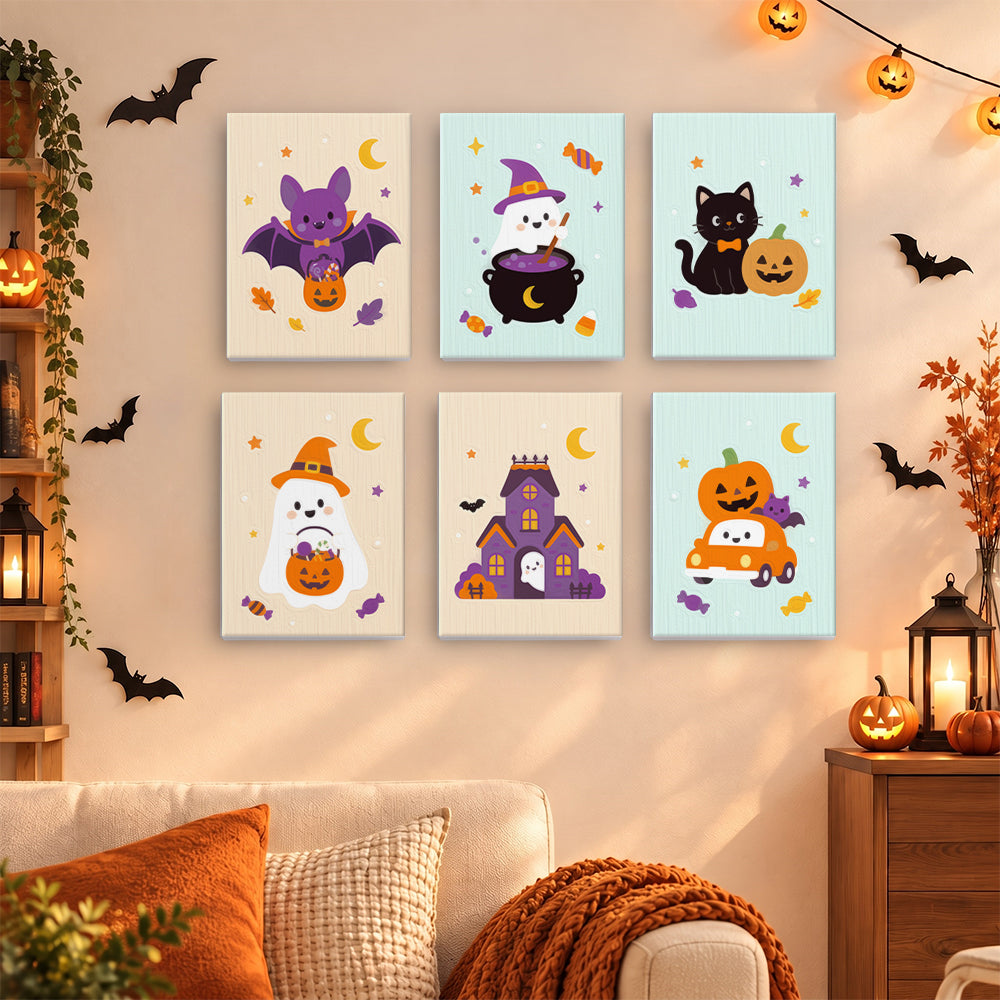 Coffret 6 mini-toiles Bonbons Pastel accrochées dans un salon décoré pour Halloween, Maison Artsen