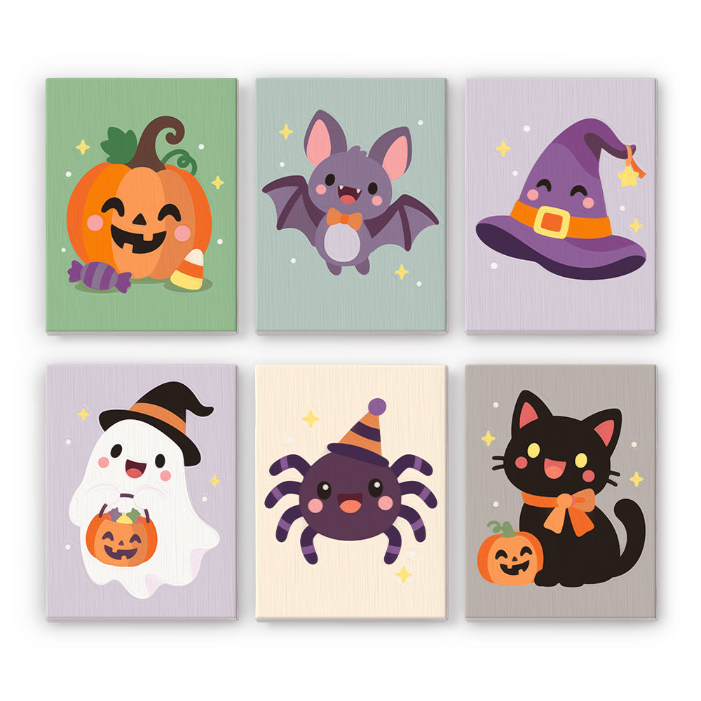 Coffret 6 peintures par numéro Bouilles d'Halloween, citrouille, chauve-souris, fantôme, araignée et chat noir, Maison Artsen