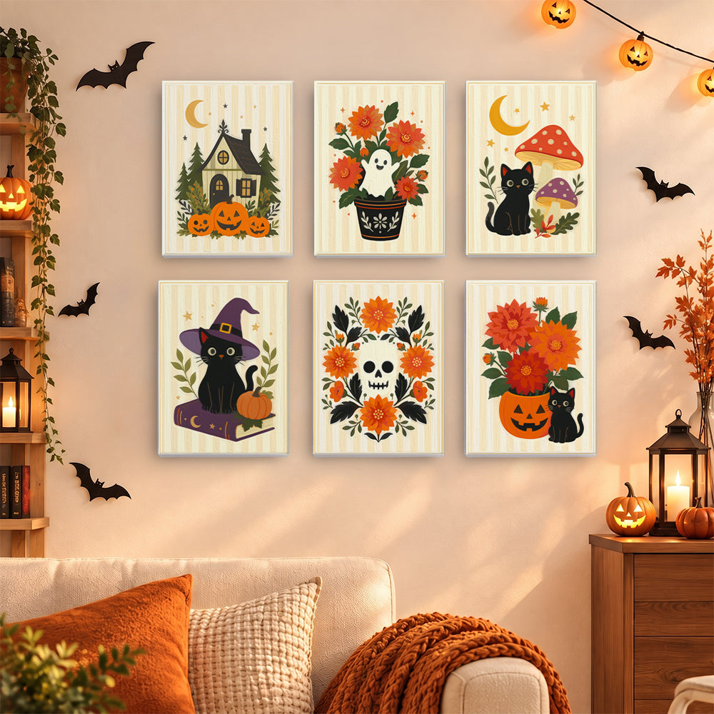 Coffret 6 mini-toiles Bouquets d'Octobre accrochées dans un salon décoré pour Halloween, Maison Artsen
