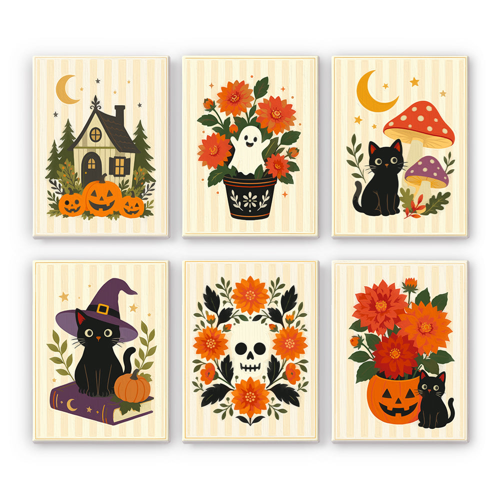 Coffret 6 peintures par numéro Bouquets d'Octobre, dahlias orange, fantôme, chats noirs et citrouille, Maison Artsen