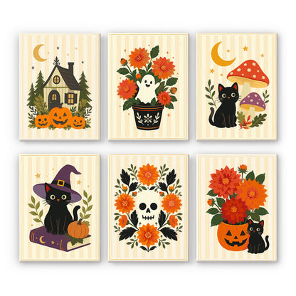 Coffret 6 peintures par numéro Bouquets d'Octobre, dahlias orange, fantôme, chats noirs et citrouille, Maison Artsen