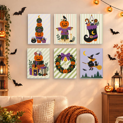 Coffret 6 mini-toiles Cadeaux de Sorcière accrochées dans un salon décoré pour Halloween, Maison Artsen