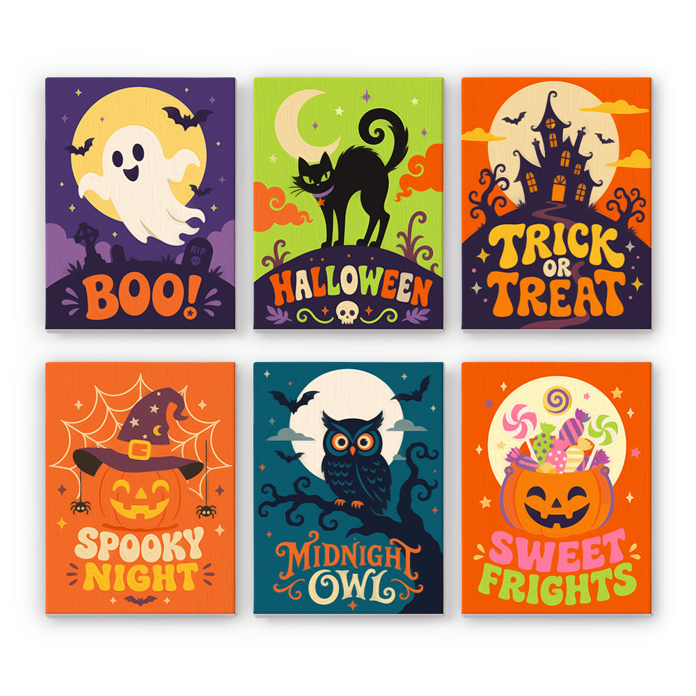 Coffret 6 peintures par numéro Cartes de Frissons, cartes d'Halloween avec fantôme, chat noir et hibou, Maison Artsen