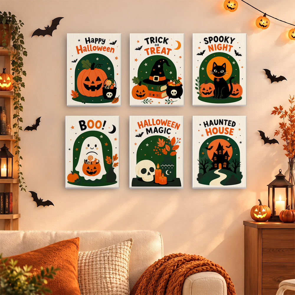 Coffret 6 mini-toiles Cartes Postales d'Halloween accrochées dans un salon décoré pour Halloween, Maison Artsen