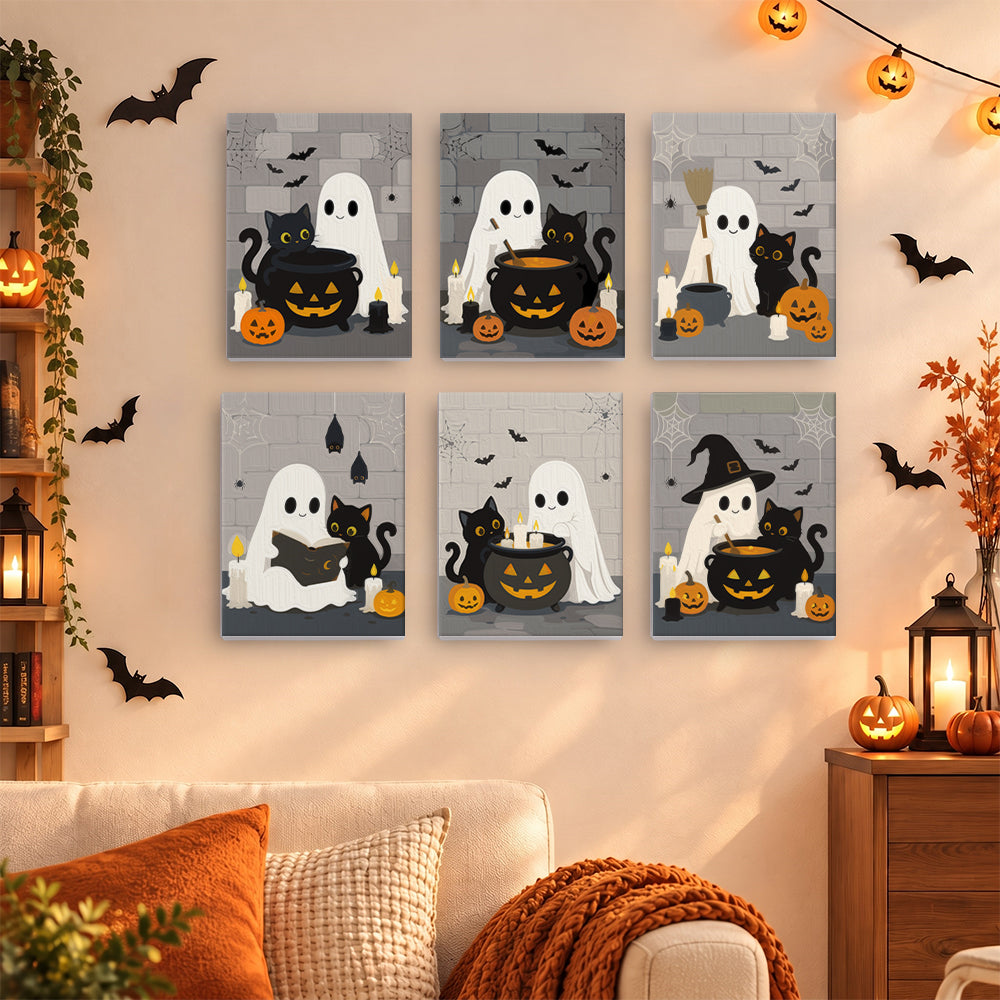 Coffret 6 mini-toiles Cave des Fantômes accrochées dans un salon décoré pour Halloween, Maison Artsen