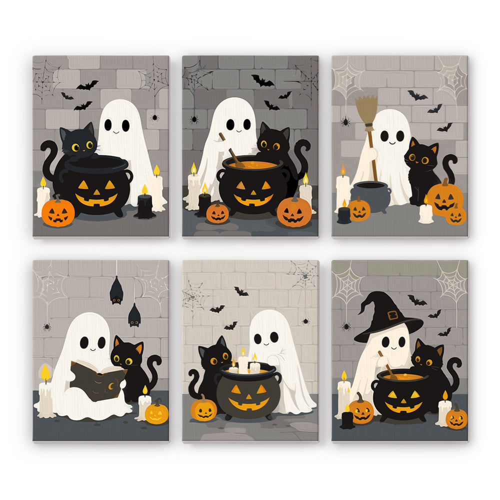Coffret 6 peintures par numéro Cave des Fantômes, fantôme et chat noir dans une cave de pierre, Maison Artsen