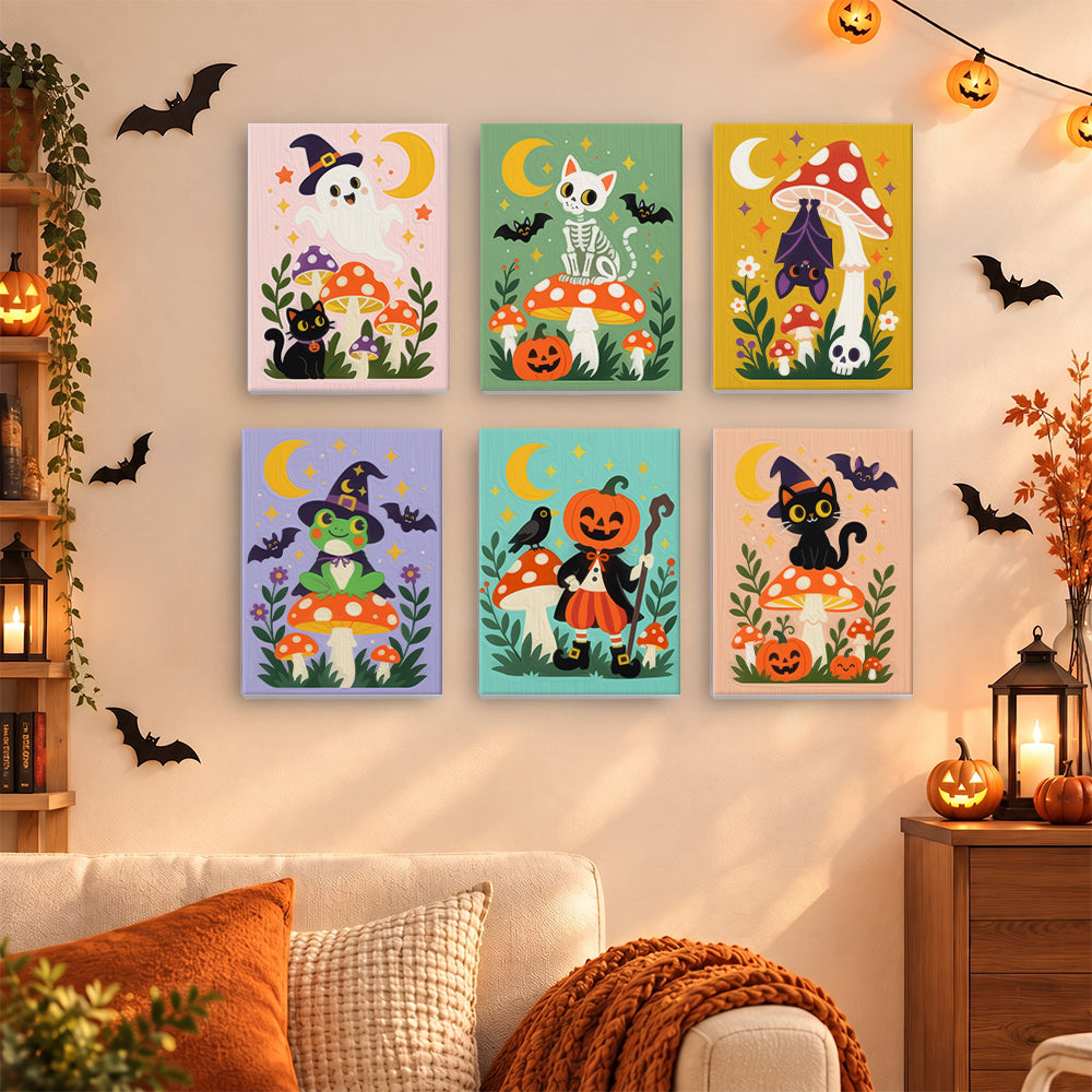 Coffret 6 mini-toiles Champignons Ensorcelés accrochées dans un salon décoré pour Halloween, Maison Artsen