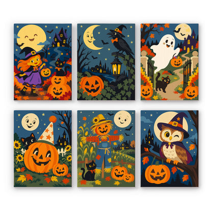 Coffret 6 peintures par numéro Champs de la Lune Rieuse, épouvantail, hibou sorcier, fantôme et citrouilles de champ, Maison Artsen