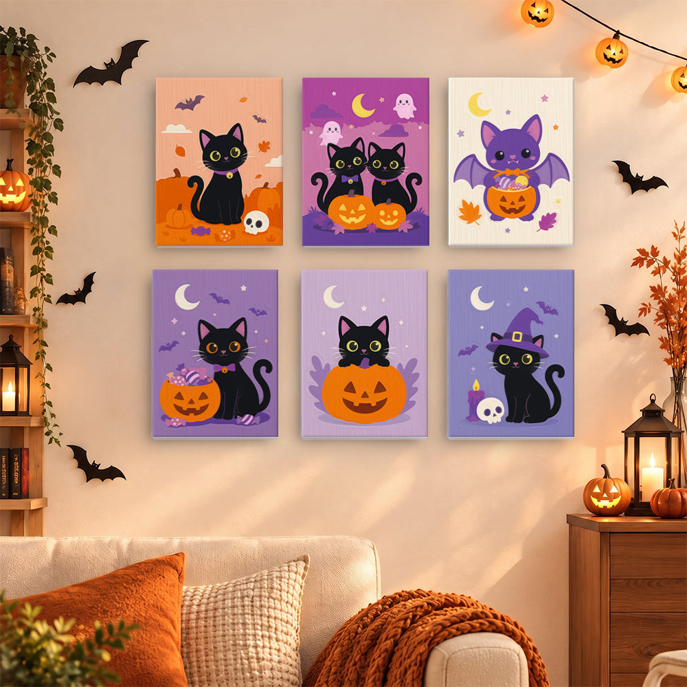 Coffret 6 mini-toiles Chats Noirs en Violet accrochées dans un salon décoré pour Halloween, Maison Artsen