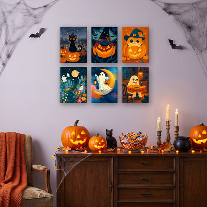 Coffret 6 mini-toiles Chats Sorciers et Fantômes accrochées dans un salon décoré pour Halloween — Maison Artsen