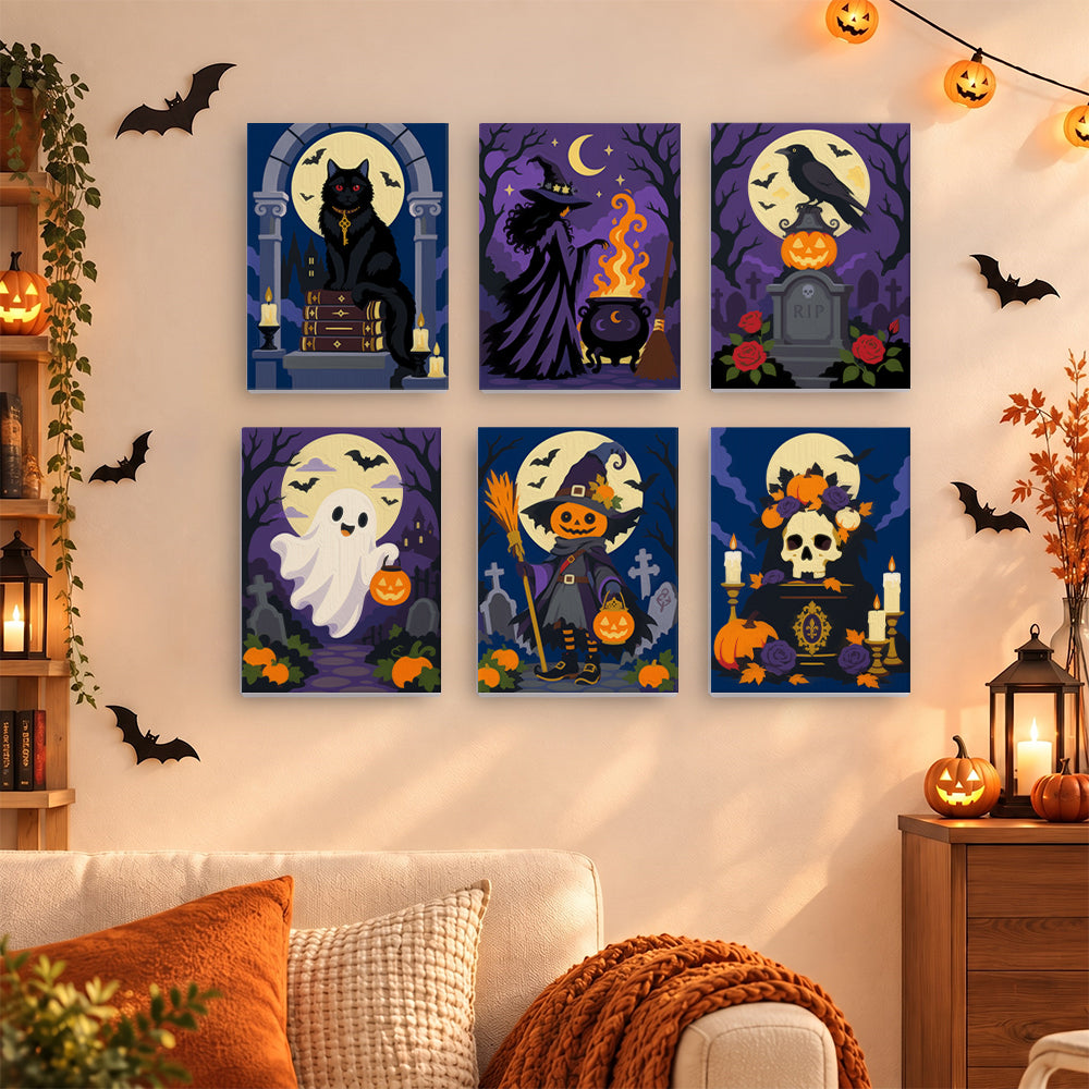 Coffret 6 mini-toiles Cimetière Violet accrochées dans un salon décoré pour Halloween, Maison Artsen