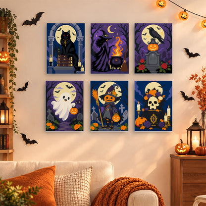 Coffret 6 mini-toiles Cimetière Violet accrochées dans un salon décoré pour Halloween, Maison Artsen