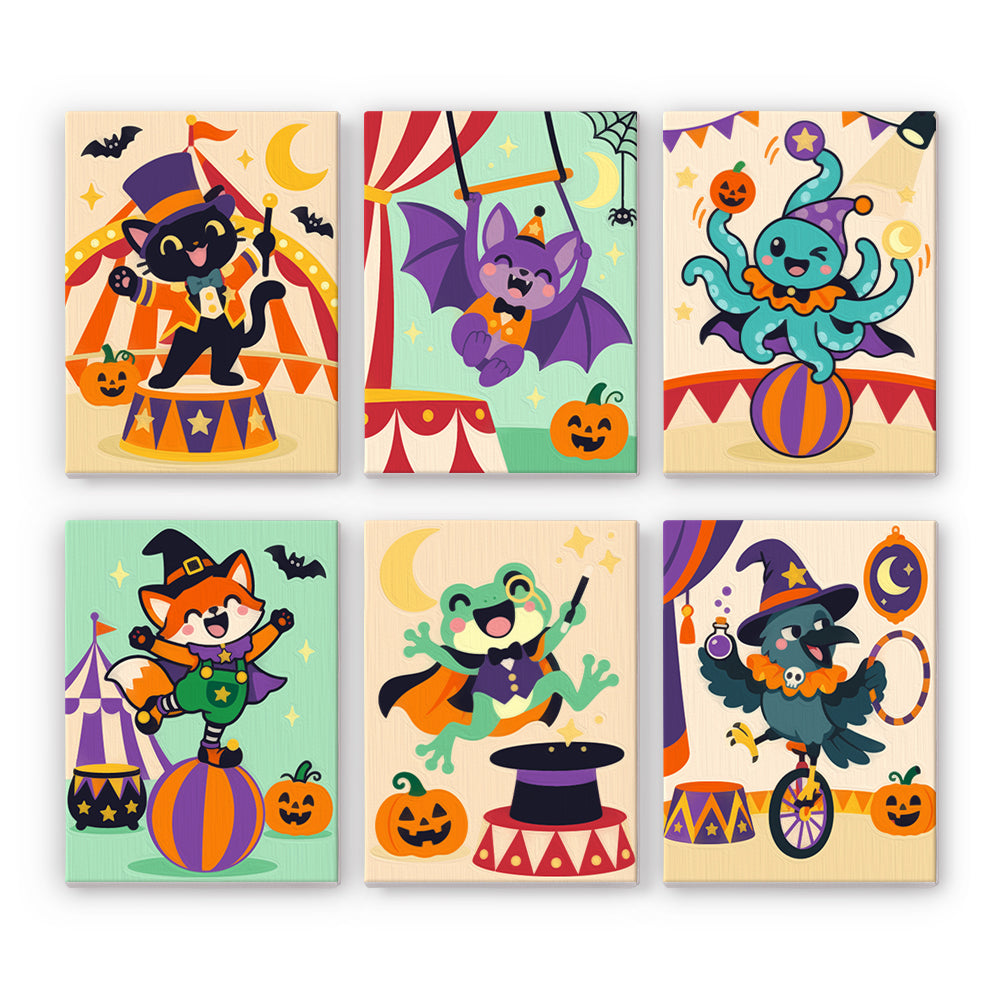 Coffret 6 peintures par numéro Cirque des Animaux, chat noir, chauve-souris, pieuvre et renard sous le chapiteau, Maison Artsen