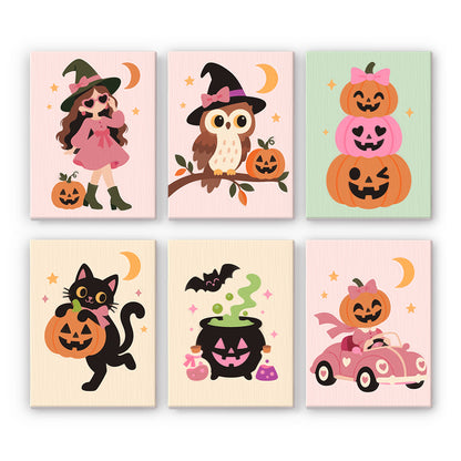 Coffret 6 peintures par numéro Citrouilles Coquettes, citrouilles à nœud, sorcière, hibou et chat noir en rose, Maison Artsen