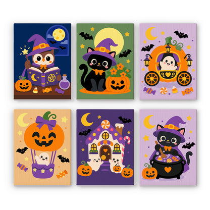 Coffret 6 peintures par numéro Contes d'Halloween, hibou lecteur, carrosse citrouille, maison en bonbons et chaudron, Maison Artsen