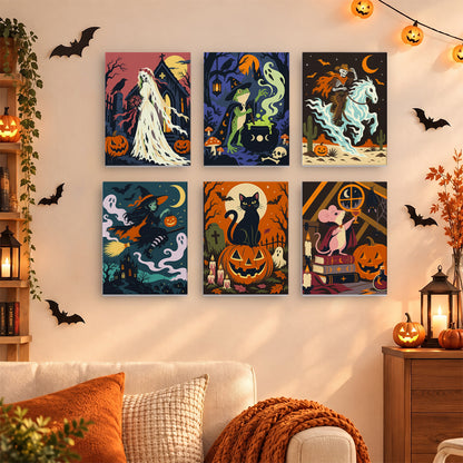 Coffret 6 mini-toiles Contes Gothiques accrochées dans un salon décoré pour Halloween, Maison Artsen