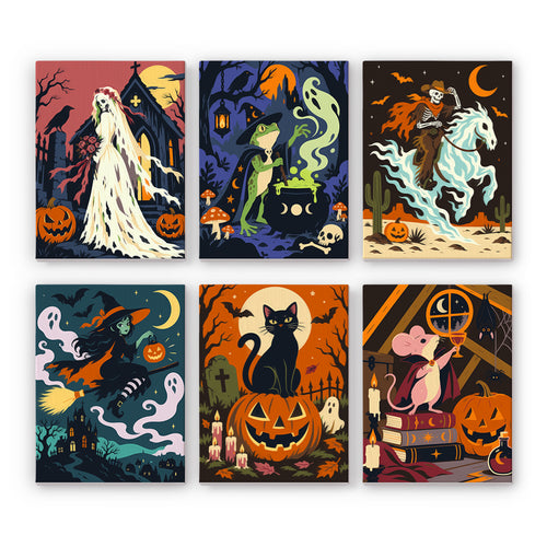 Coffret 6 peintures par numéro Contes Gothiques, mariée, grenouille sorcière, chat noir et souris vampire, Maison Artsen