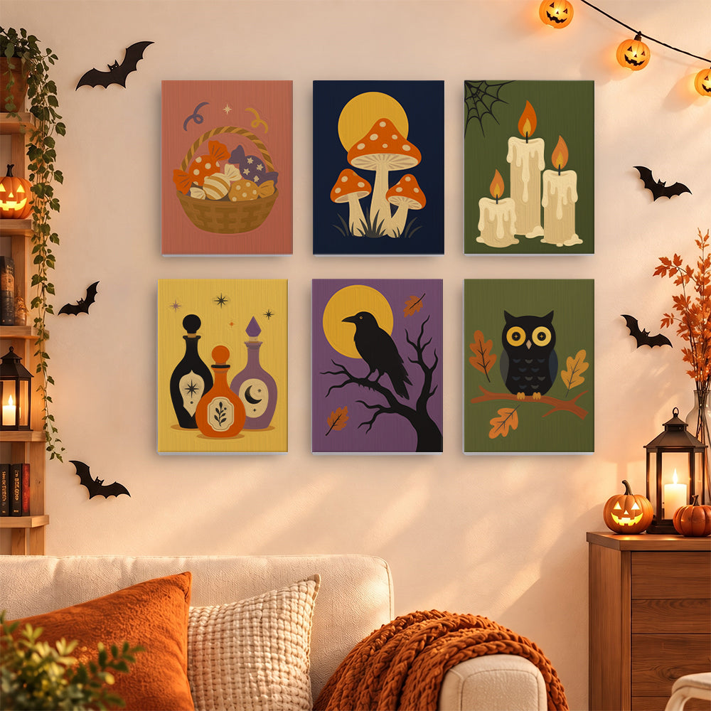 Coffret 6 mini-toiles Curiosités d'Octobre accrochées dans un salon décoré pour Halloween, Maison Artsen