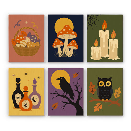 Coffret 6 peintures par numéro Curiosités d'Octobre, bonbons, champignons, corbeau et hibou en tons d'automne, Maison Artsen
