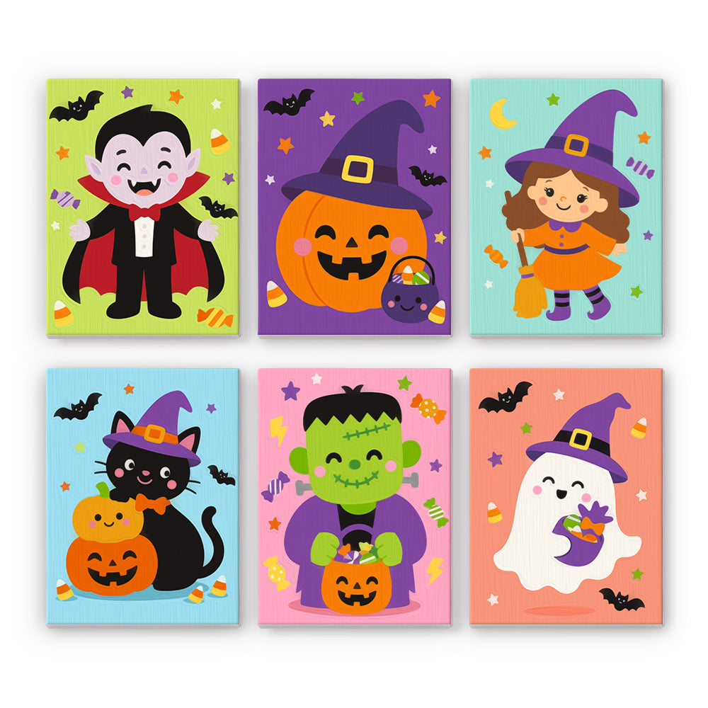 Coffret 6 peintures par numéro Déguisés en Couleurs, vampire, sorcière, chat noir et monstre vert colorés, Maison Artsen