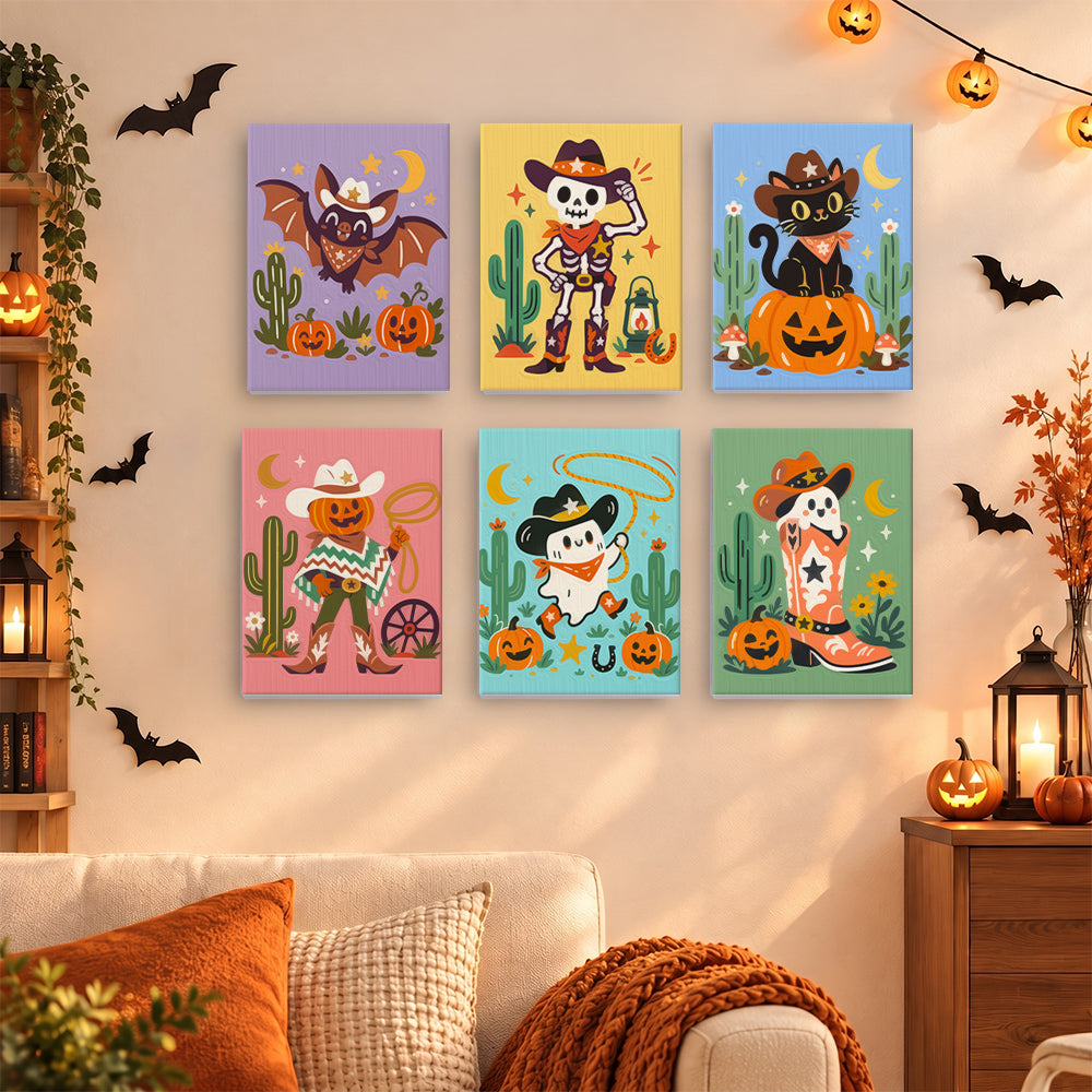 Coffret 6 mini-toiles Désert Hanté accrochées dans un salon décoré pour Halloween, Maison Artsen