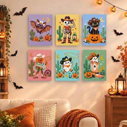 Coffret 6 mini-toiles Désert Hanté accrochées dans un salon décoré pour Halloween, Maison Artsen