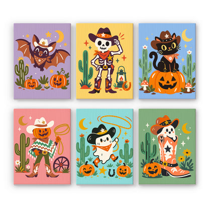 Coffret 6 peintures par numéro Désert Hanté, squelette shérif, chat noir et fantômes cowboys parmi les cactus, Maison Artsen