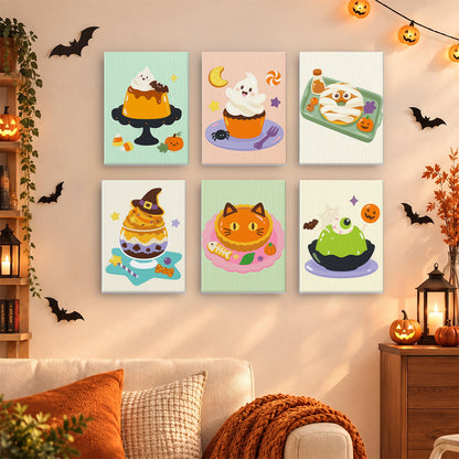 Coffret 6 mini-toiles Desserts d'Halloween accrochées dans un salon décoré pour Halloween, Maison Artsen