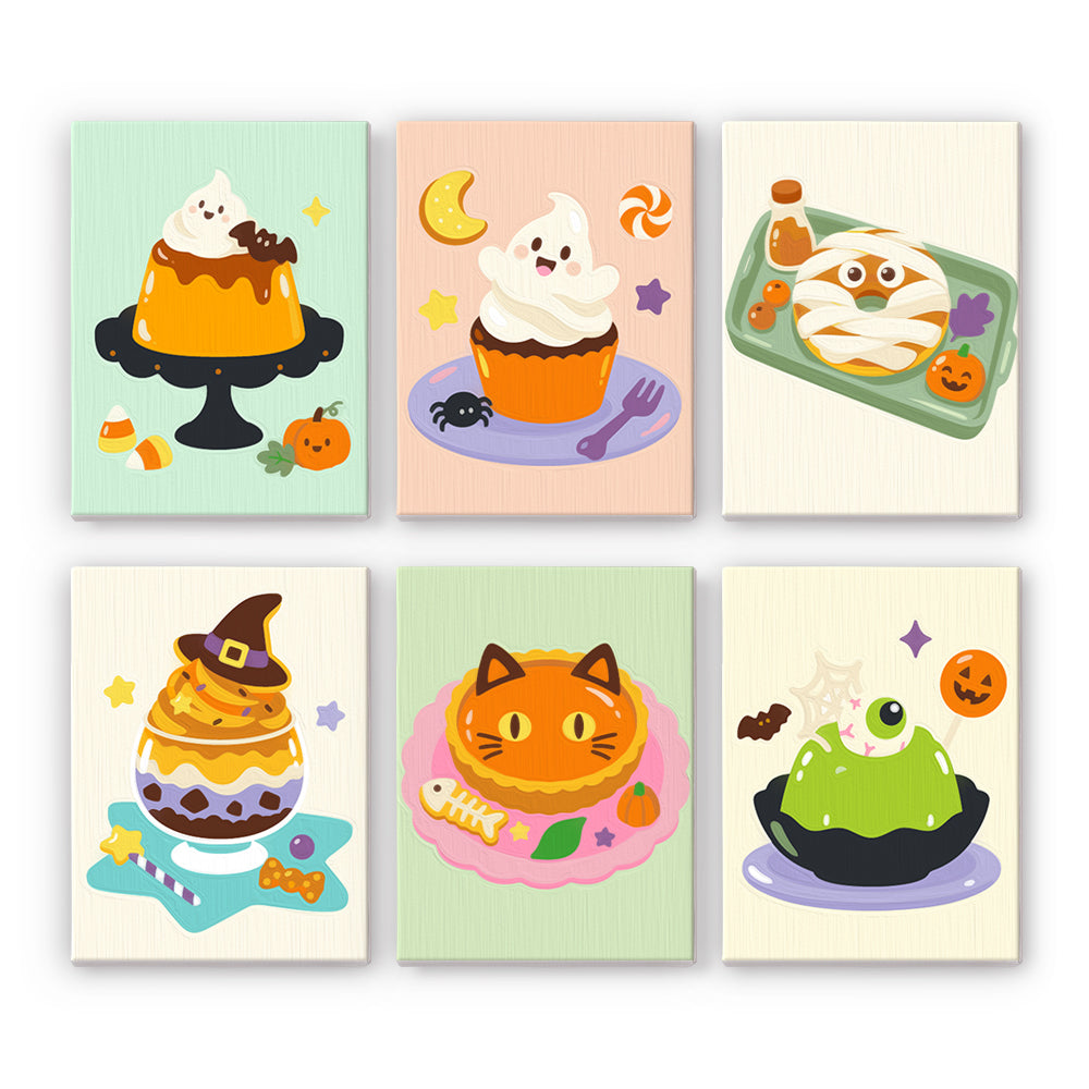 Coffret 6 peintures par numéro Desserts d'Halloween, desserts en fantôme, momie et chat, tons pastel, Maison Artsen