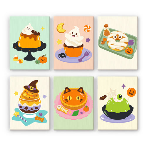 Coffret 6 peintures par numéro Desserts d'Halloween, desserts en fantôme, momie et chat, tons pastel, Maison Artsen