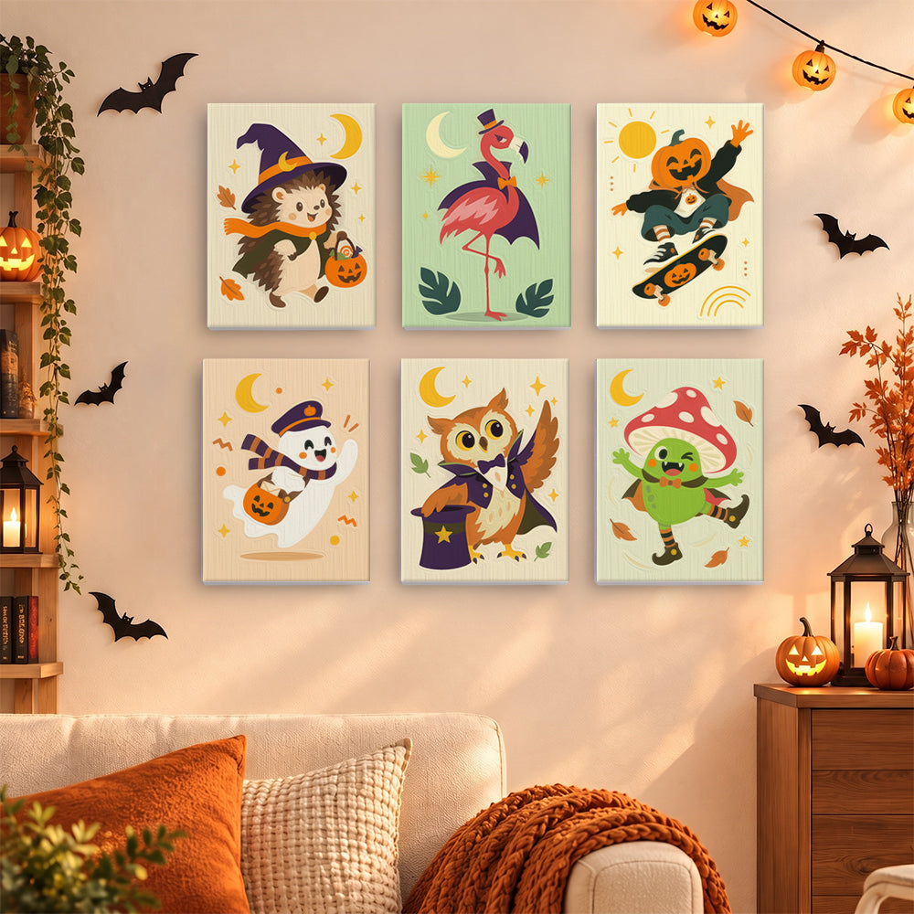 Coffret 6 mini-toiles Excentriques d'Octobre accrochées dans un salon décoré pour Halloween, Maison Artsen