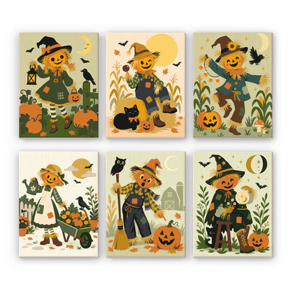 Coffret 6 peintures par numéro Famille Épouvantail, épouvantails à tête de citrouille, corbeau et chat noir, Maison Artsen