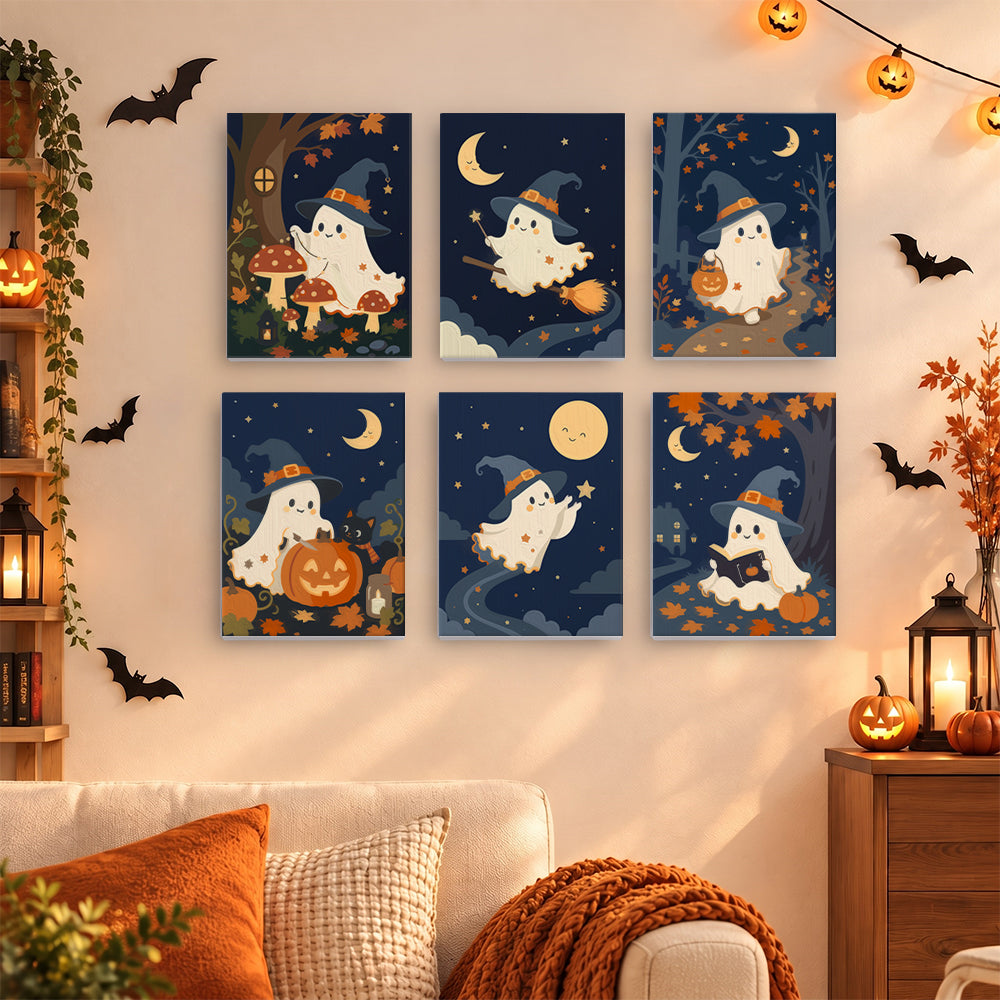 Coffret 6 mini-toiles Fantômes au Clair de Lune accrochées dans un salon décoré pour Halloween, Maison Artsen