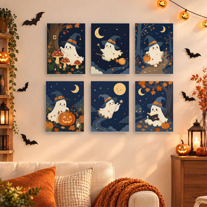 Coffret 6 mini-toiles Fantômes au Clair de Lune accrochées dans un salon décoré pour Halloween, Maison Artsen
