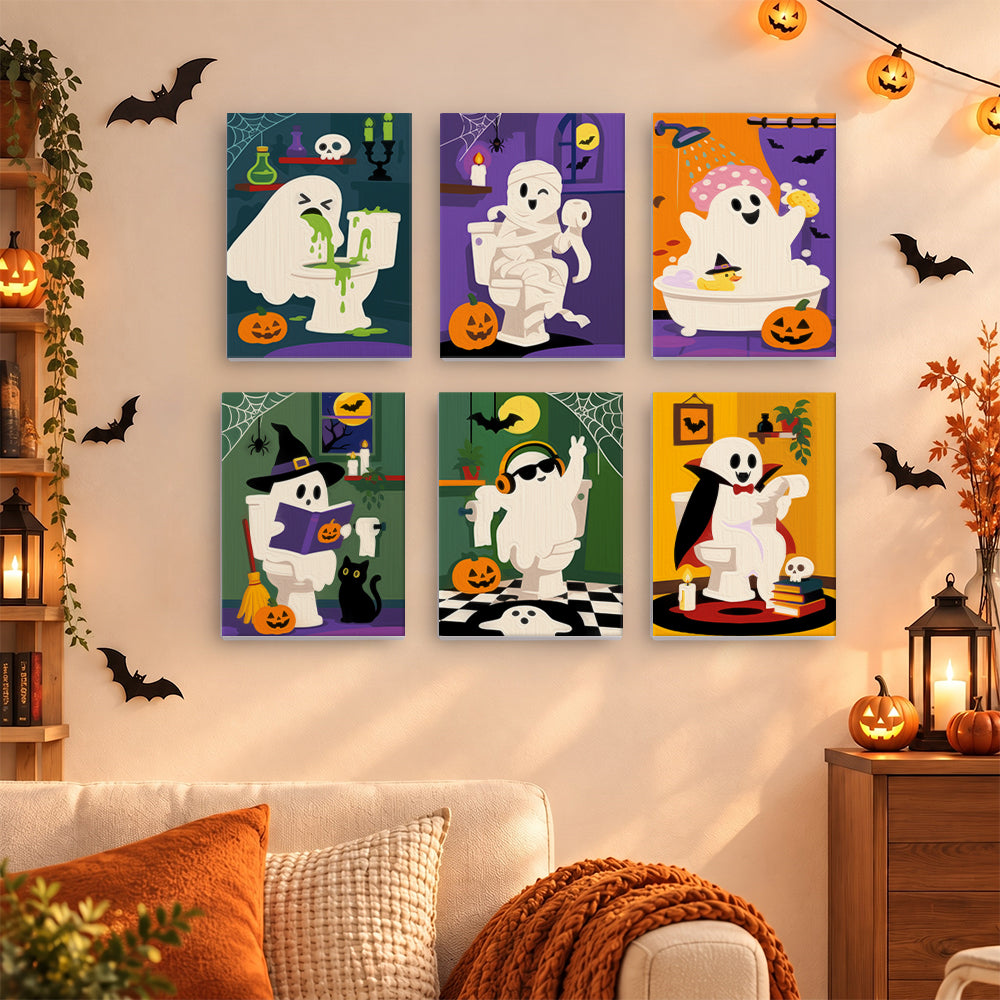 Coffret 6 mini-toiles Fantômes en Bain Moussant accrochées dans un salon décoré pour Halloween, Maison Artsen