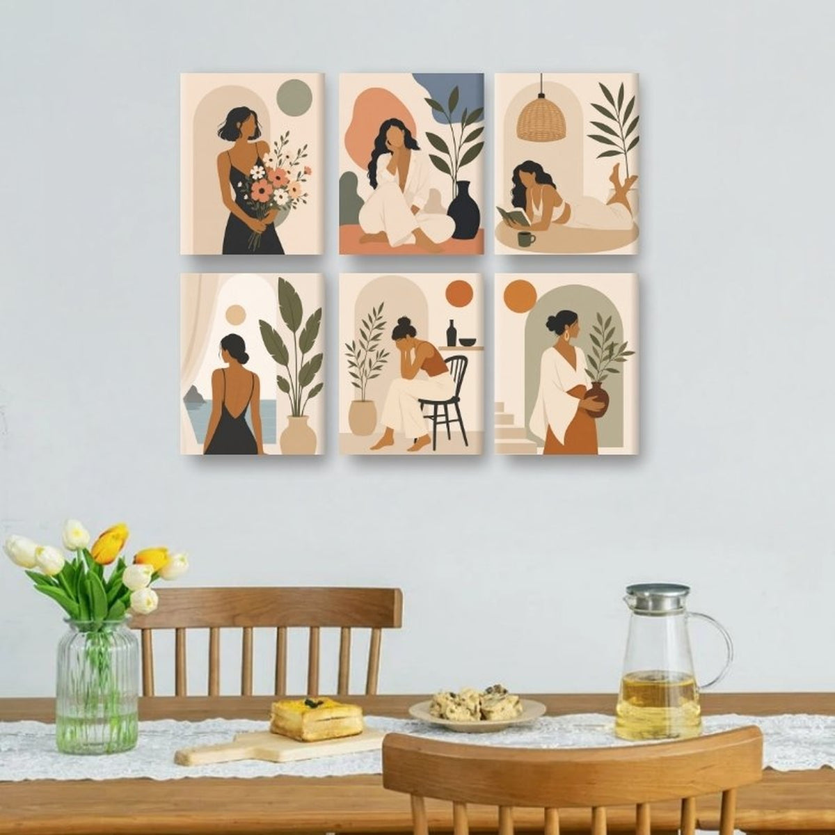Coffret 6 mini-toiles Femmes Bohèmes accrochées au mur d'une salle à manger — Maison Artsen