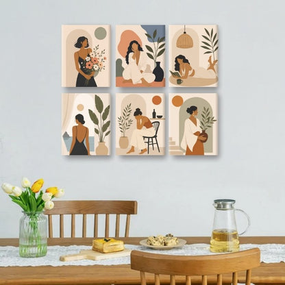 Coffret 6 mini-toiles Femmes Bohèmes accrochées au mur d'une salle à manger — Maison Artsen