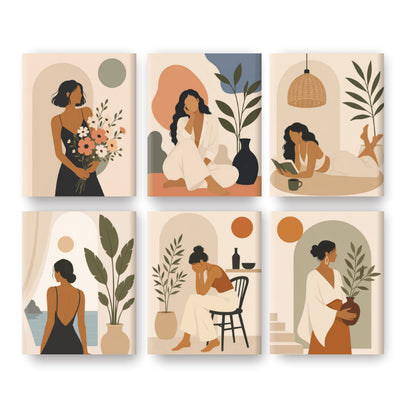 Coffret 6 peintures par numéro Femmes Bohèmes – six femmes au calme parmi les fleurs et les plantes – Maison Artsen