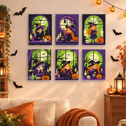 Coffret 6 mini-toiles Fenêtres Ensorcelées accrochées dans un salon décoré pour Halloween, Maison Artsen