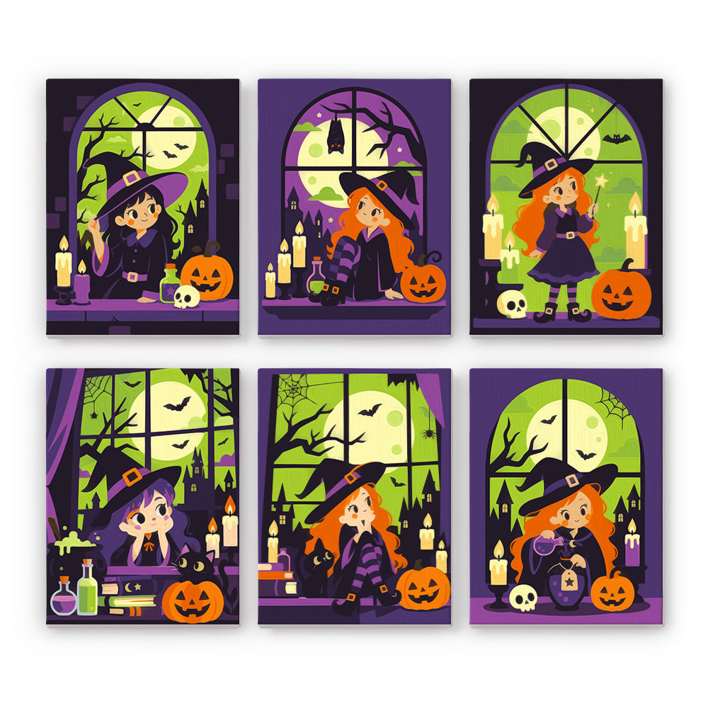 Coffret 6 peintures par numéro Fenêtres Ensorcelées, sorcières rêveuses, fenêtres, bougies, citrouilles et lune vert pâle, Maison Artsen