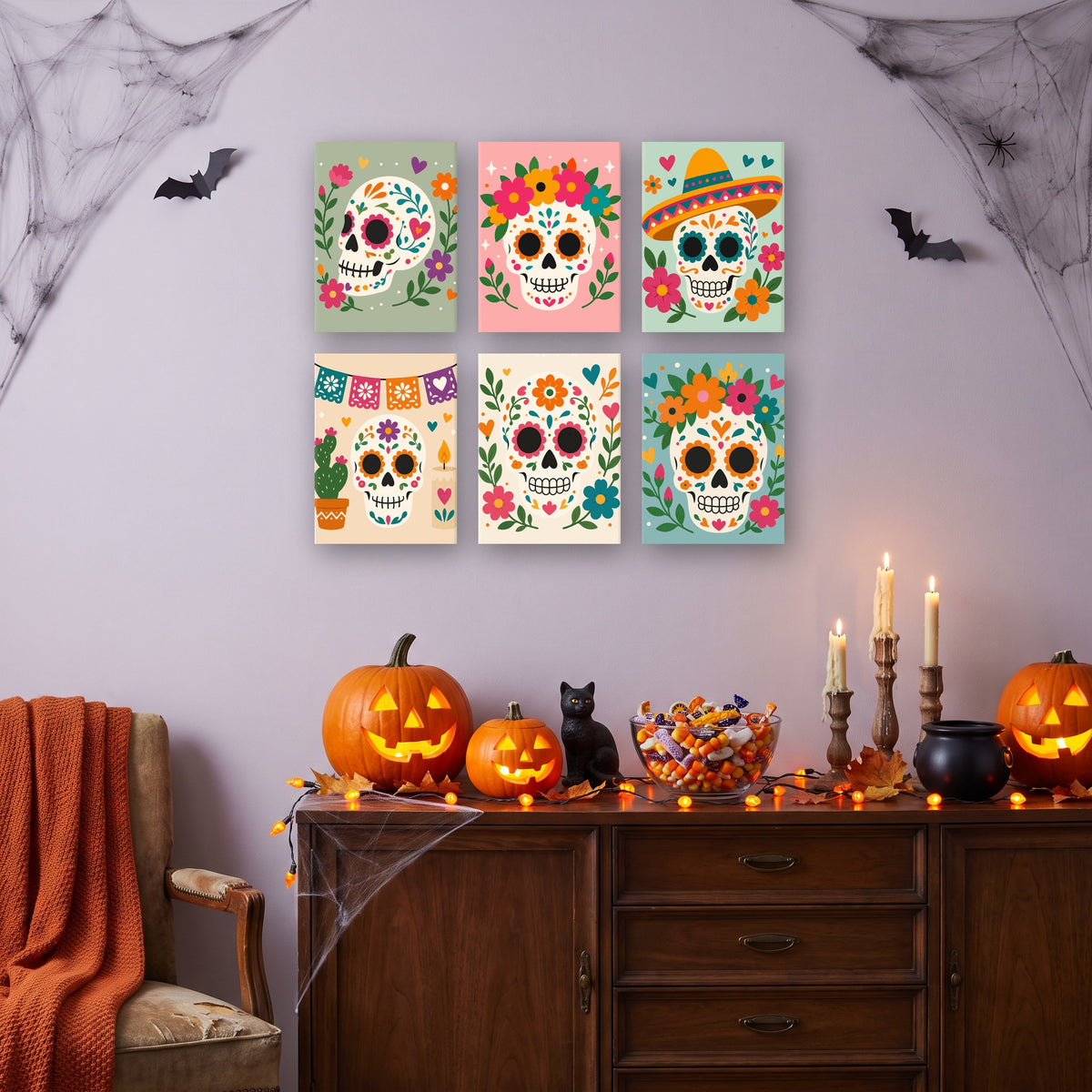 Coffret 6 mini-toiles Fête des Morts Fleurie accrochées dans un salon décoré pour Halloween — Maison Artsen