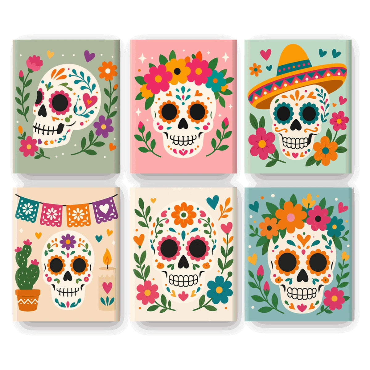 Coffret 6 peintures par numéro Fête des Morts Fleurie – crânes mexicains fleuris sur fonds pastel – Maison Artsen