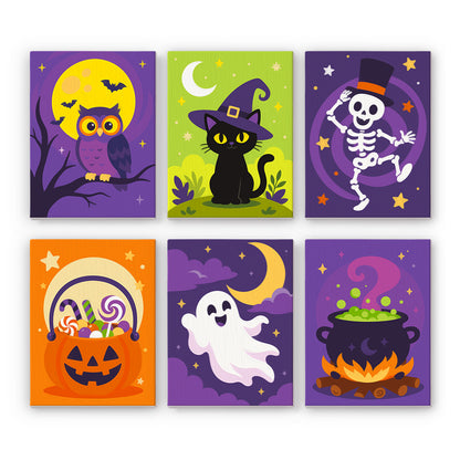Coffret 6 peintures par numéro Fête Violette, hibou, chat noir, squelette et chaudron sur fond violet, Maison Artsen