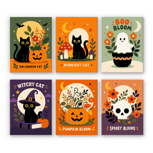 Coffret 6 peintures par numéro Fleurs de Minuit, chats noirs, fantôme et citrouille parmi les fleurs, Maison Artsen