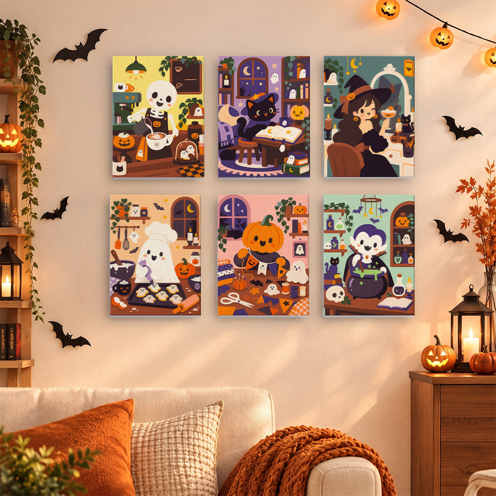 Coffret 6 mini-toiles Fournée de Fantômes accrochées dans un salon décoré pour Halloween, Maison Artsen
