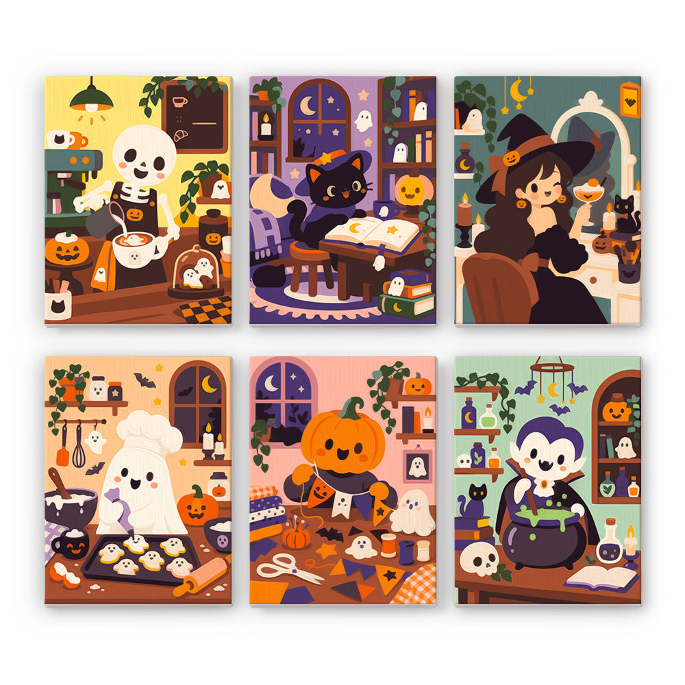 Coffret 6 peintures par numéro Fournée de Fantômes, scènes douillettes avec fantôme pâtissier et petit vampire, Maison Artsen