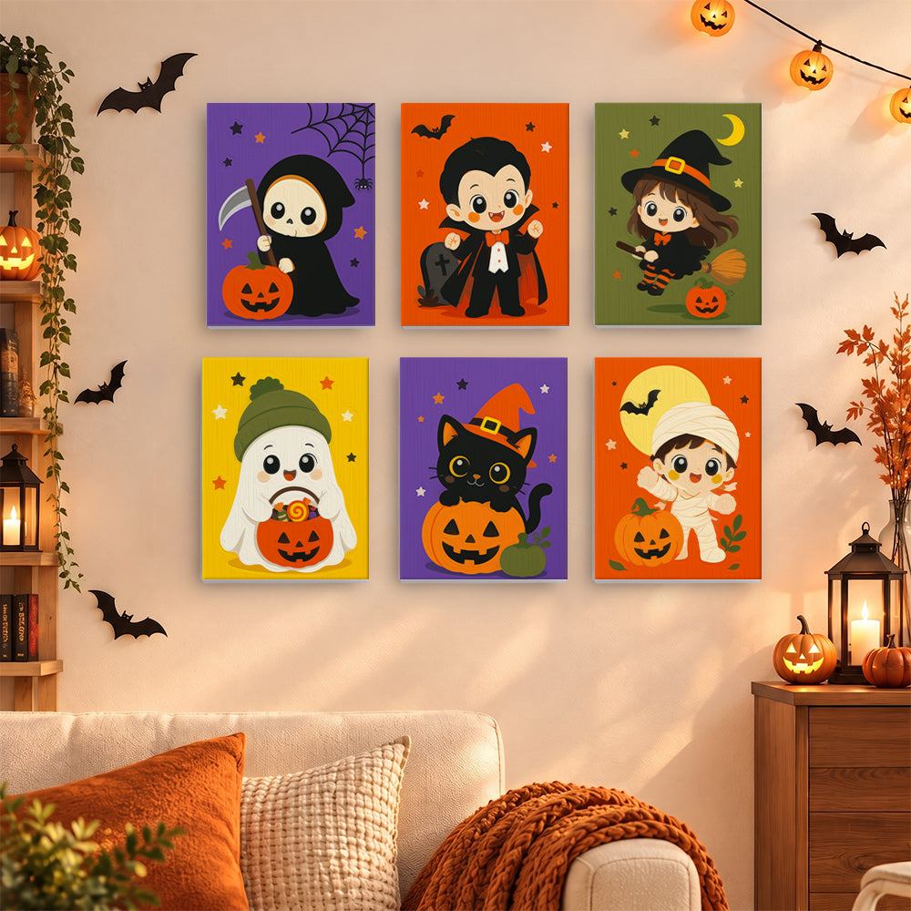 Coffret 6 mini-toiles Frimousses d'Halloween accrochées dans un salon décoré pour Halloween, Maison Artsen
