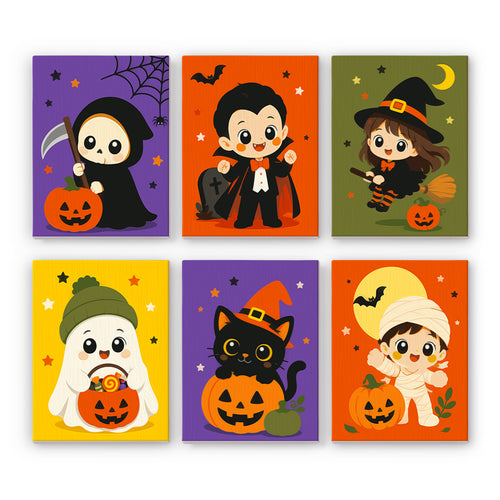 Coffret 6 peintures par numéro Frimousses d'Halloween, vampire, sorcière, momie et fantôme tout ronds et souriants, Maison Artsen